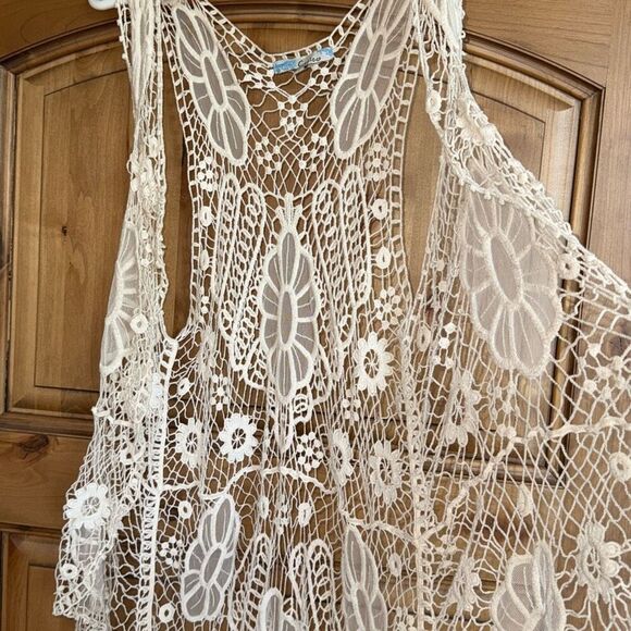 Vintage Cecico White Boho Sleeveless Lace Duster Size Medium - Picture 1 of 16